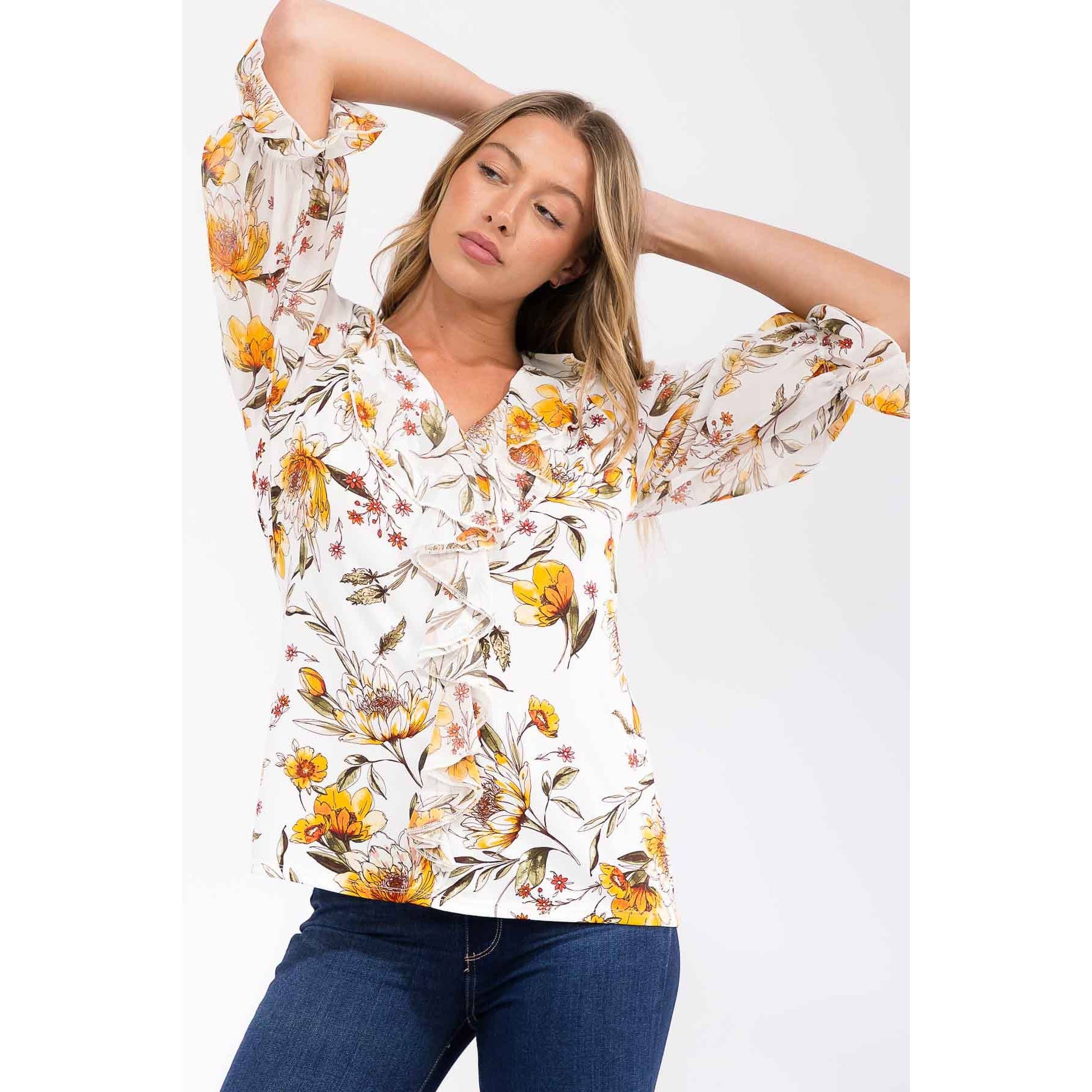 AVORIO/GIALLO/VERDE Blusa a cascata in misto floreale multimediale in vendita all'ingrosso su Faire0