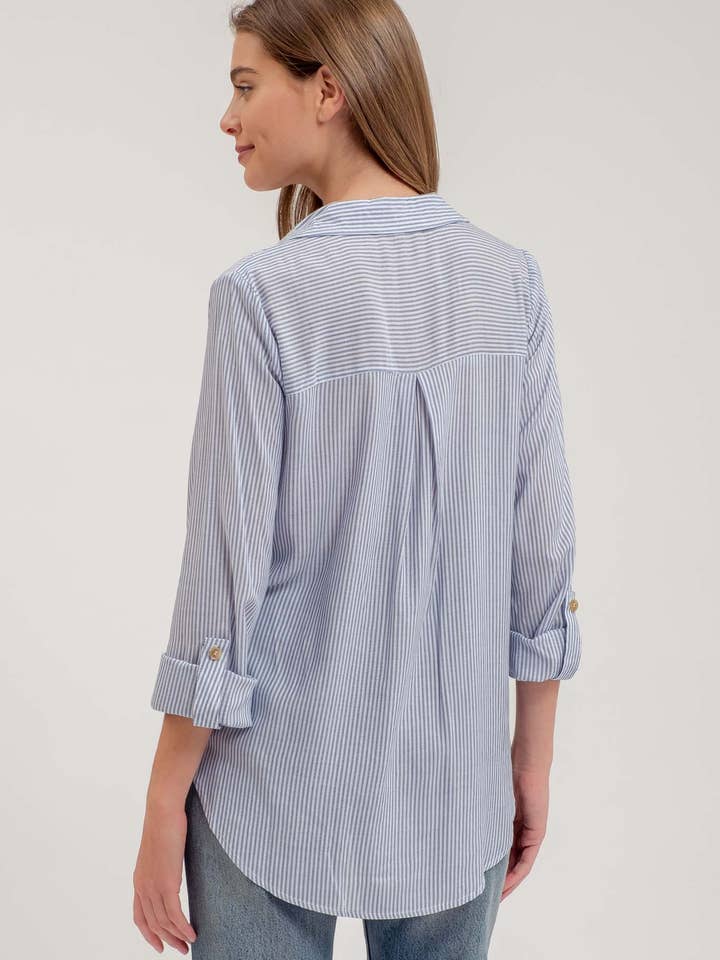 Blu Pepper - Wholesale Blouse - Women's - STRIPED COLLARED BUTTON DOWN WITH POCKETS
