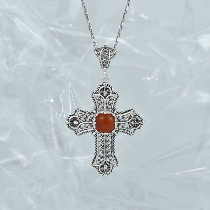 Filigranist Jewelry – wholesale Pendant/charm necklace – Sterling Silver Filigree Art Multi Gemstone Cross Necklace5