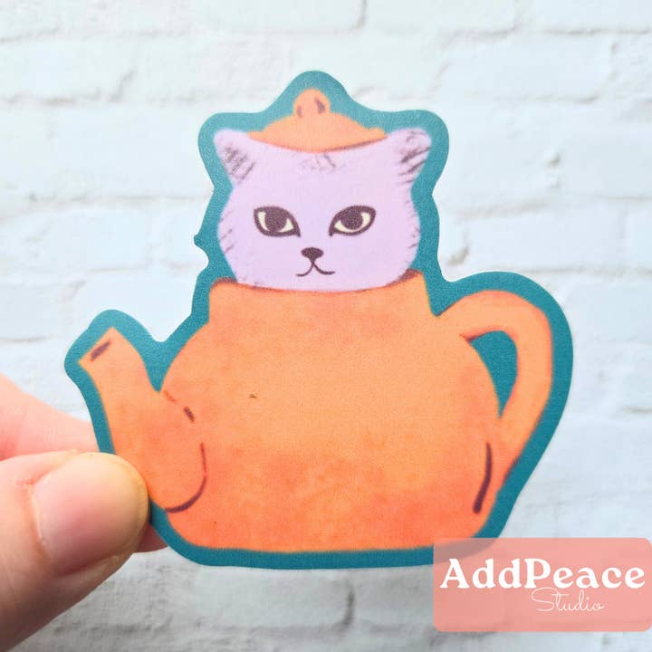 AddPeace Studio - Wholesale Sticker - Cat in a Tea Kettle, If I Fits I Sits Funny Cat Sticker2
