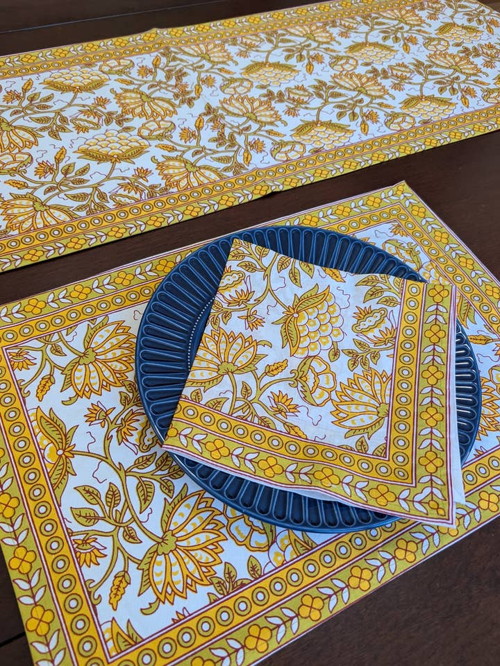 Floral Block-Printed Tabletop Linen for wholesale by Mystic Marigold Co.