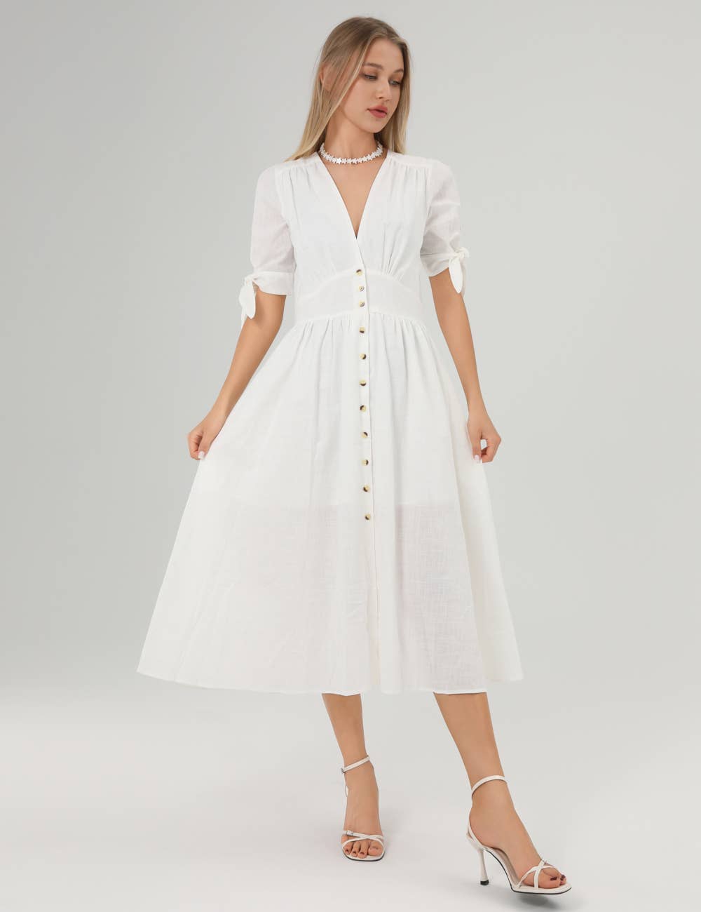 Blanco Vestido midi casual de lino de manga corta con lazo SKD152 de venta al por mayor en Faire