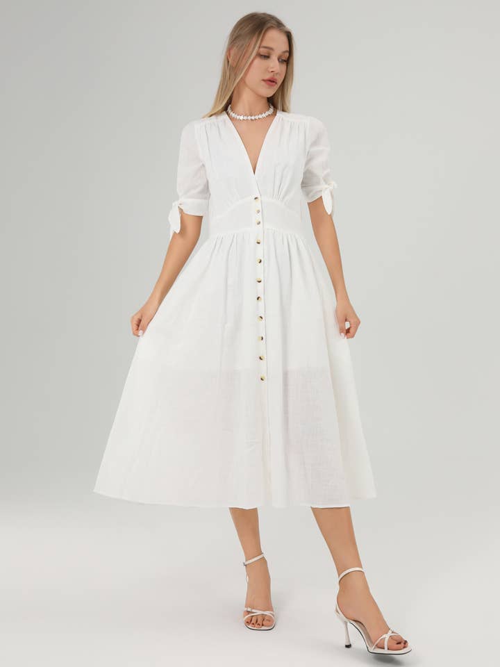 Blanco Vestido midi casual de lino de manga corta con lazo SKD152 de venta al por mayor en Faire0