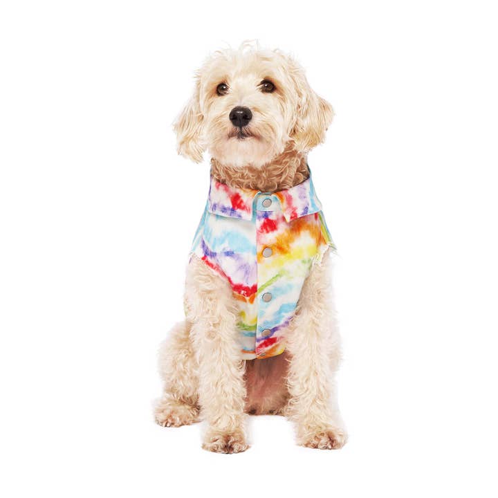 Downtown Denim Dog Vest (Rainbow Tie Dye) for wholesale on Faire