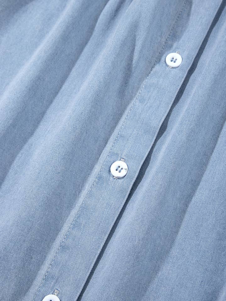 Blue Frilly Pleated Button Back Retro Chambray Top for wholesale on Faire6
