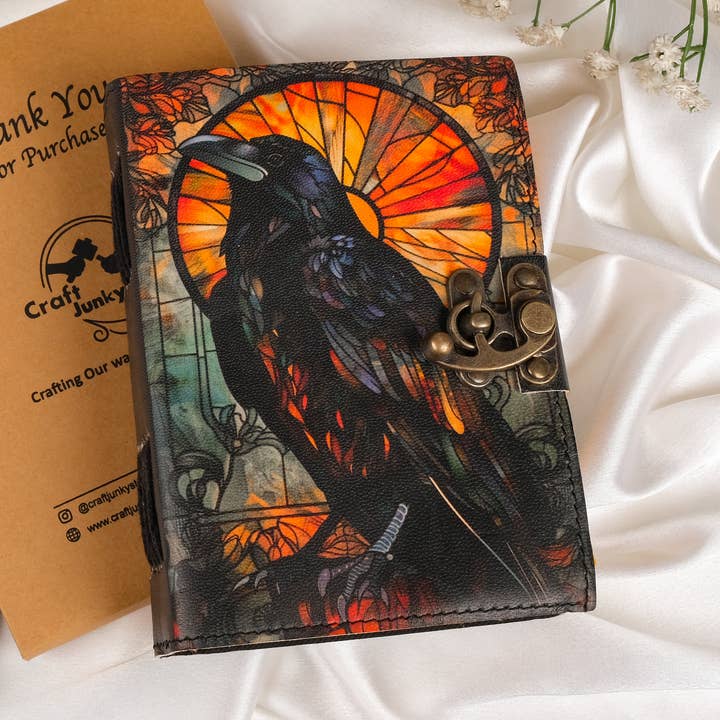 Leather Journal Blank Vintage Notebook with Crow UV Print for wholesale by R K Handicrafts and Exporters