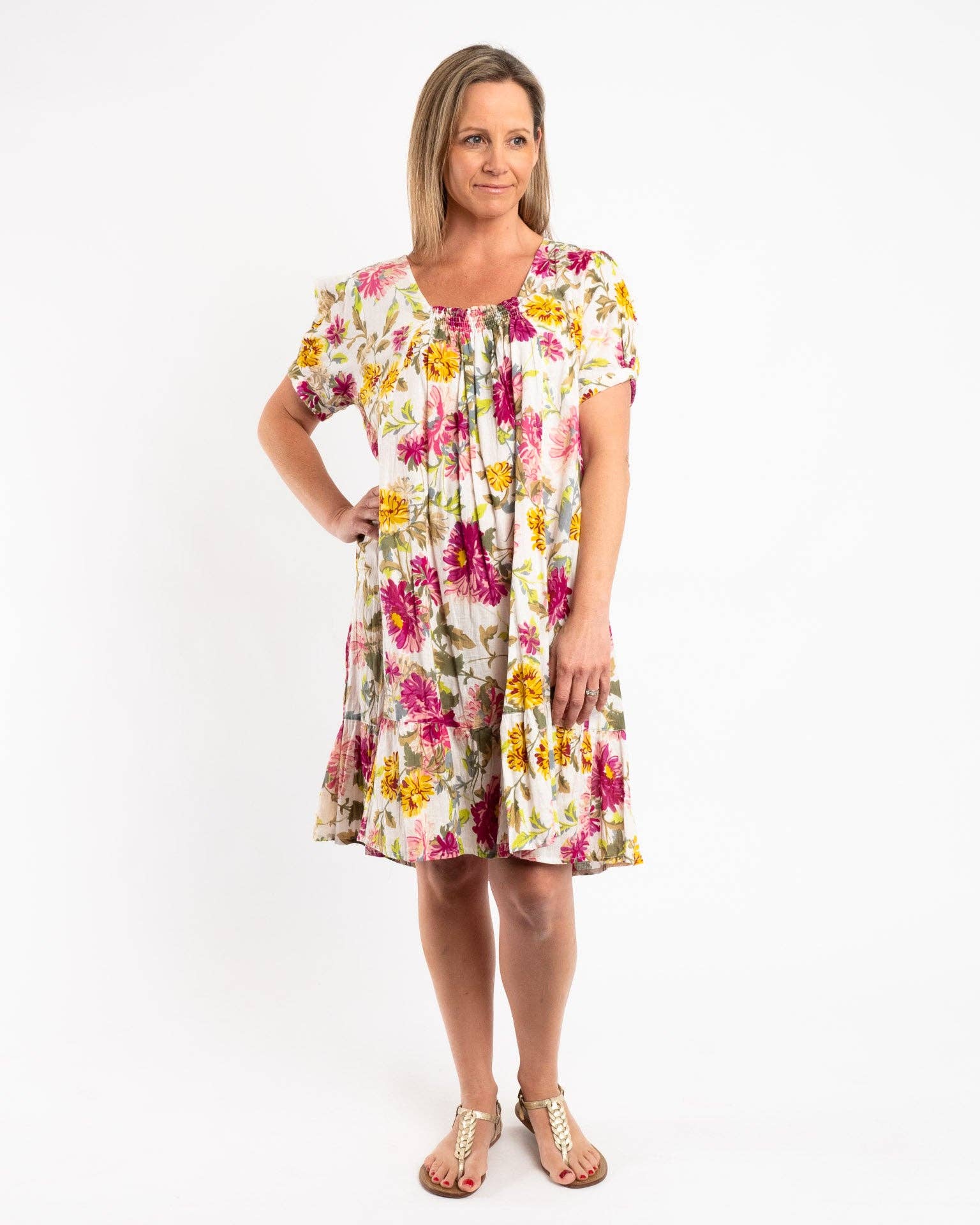 Mozaic by Euro Dreaming – wholesale Dress – Women's – Cap Sleeve Summer Dress In Fuchsia Lime Garden3