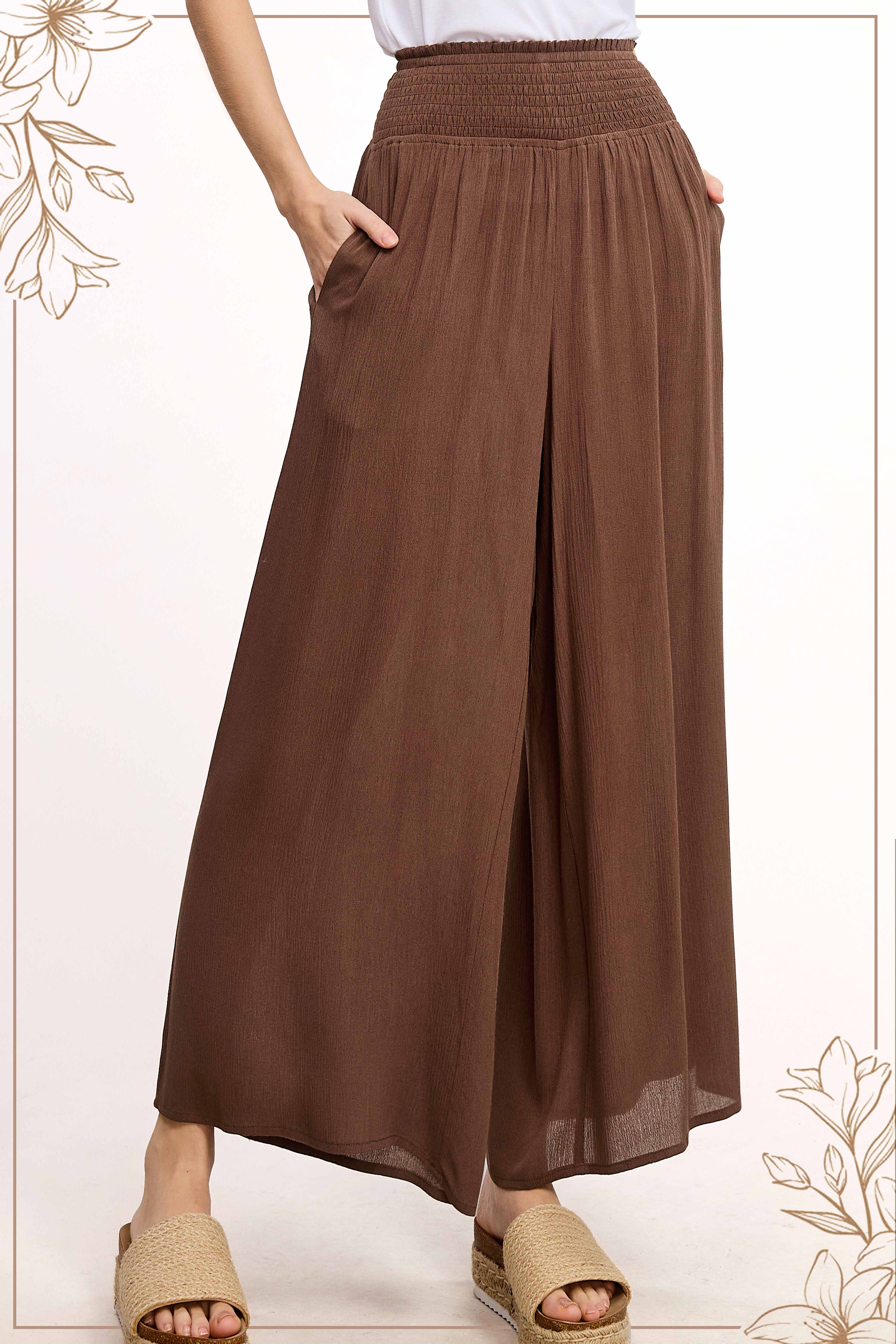 La Miel - Wholesale Pants - Women's - JCP4226-Wide Leg Smocked Elastic Waist Pants With Pockets1