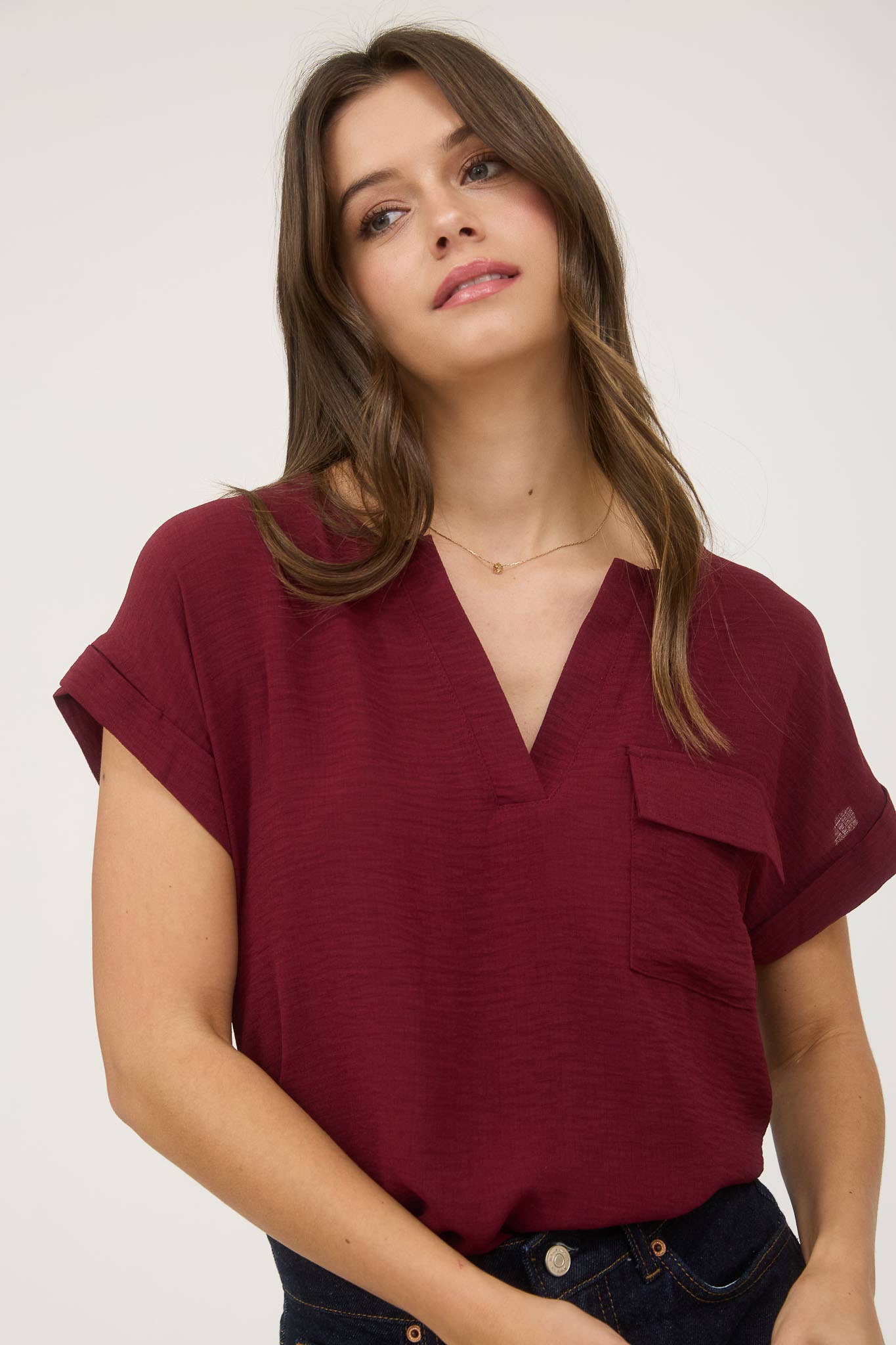 Blu Pepper - Wholesale Blouse - Women's - SPLIT NECK BACK BUTTON SHORT FOLD SLEEVE BLOUSE8