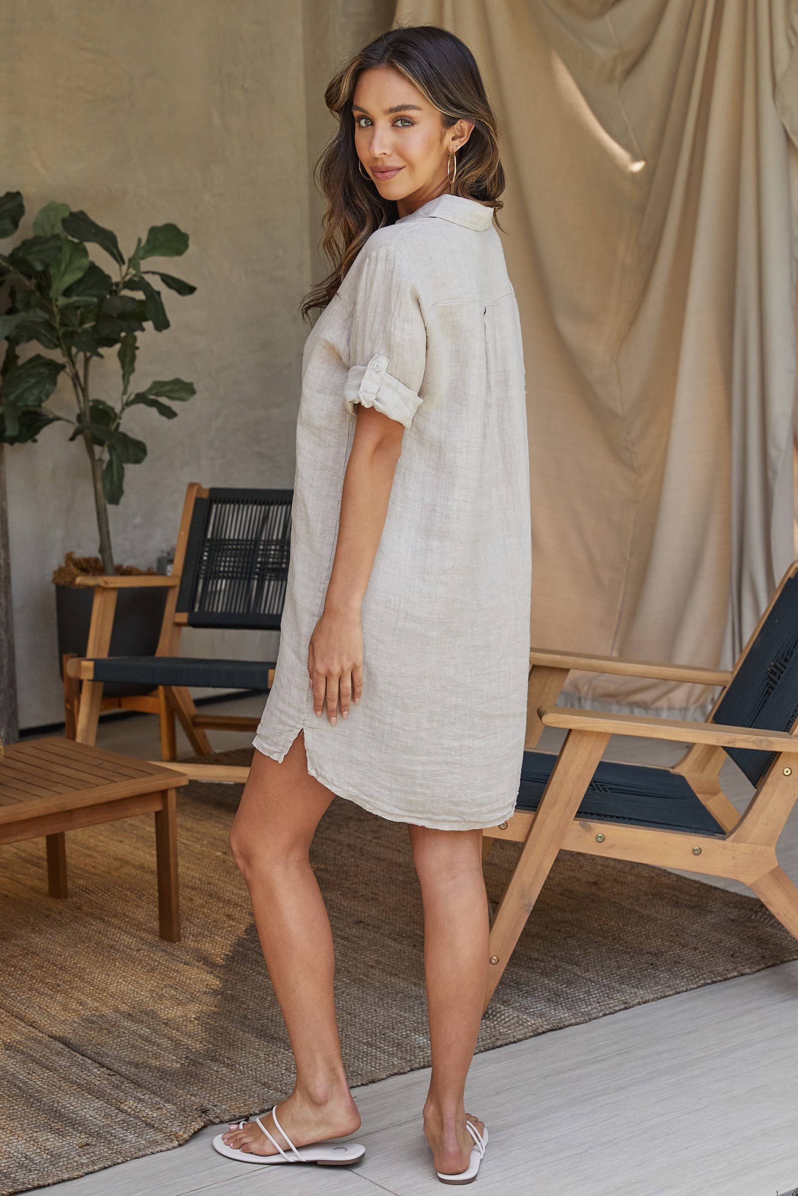 Beige LINEN LONG SLEEVE BUTTON DOWN DRESS (MM0316-BEIGE) for wholesale on Faire2