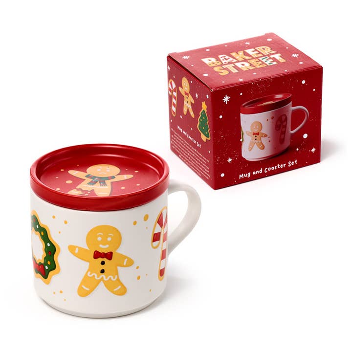 Puckator EU - Vente Tasse à café - Ensemble de tasses de Noël en porcelaine Baker Street avec couvercle