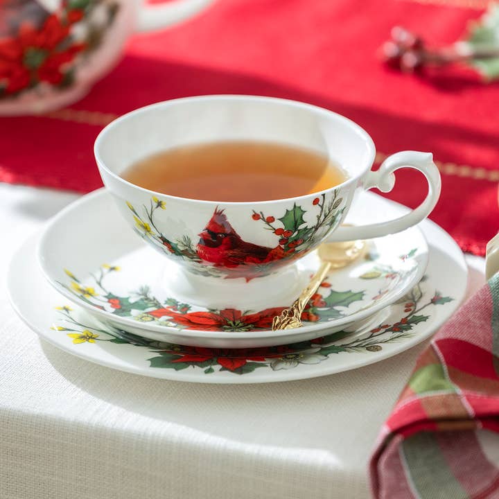 Grace Teaware - Wholesale Coffee/Tea Cup - Cardinal Poinsettia 7oz Bone China Cup and Saucer
