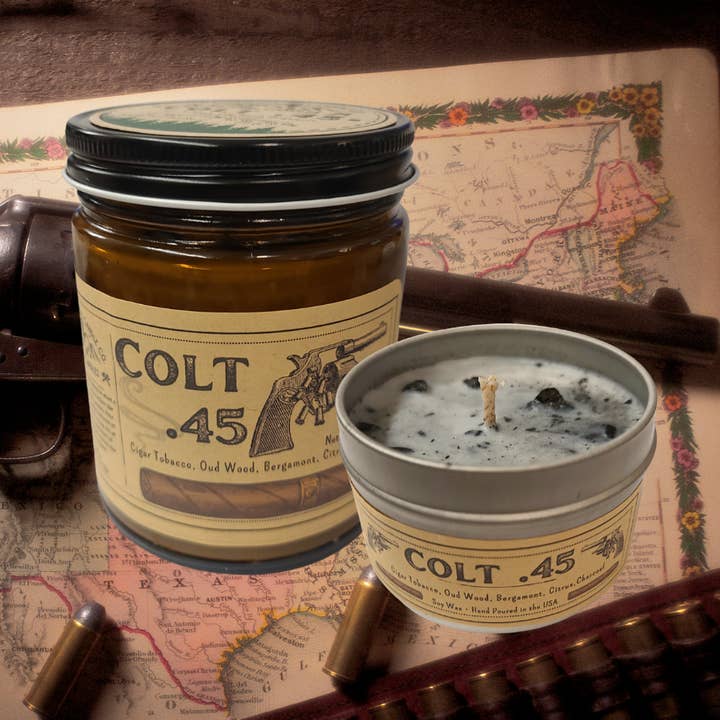 Colt .45 Themed - USA MADE - Soy Wax Candles for wholesale by Wanderlust Folk