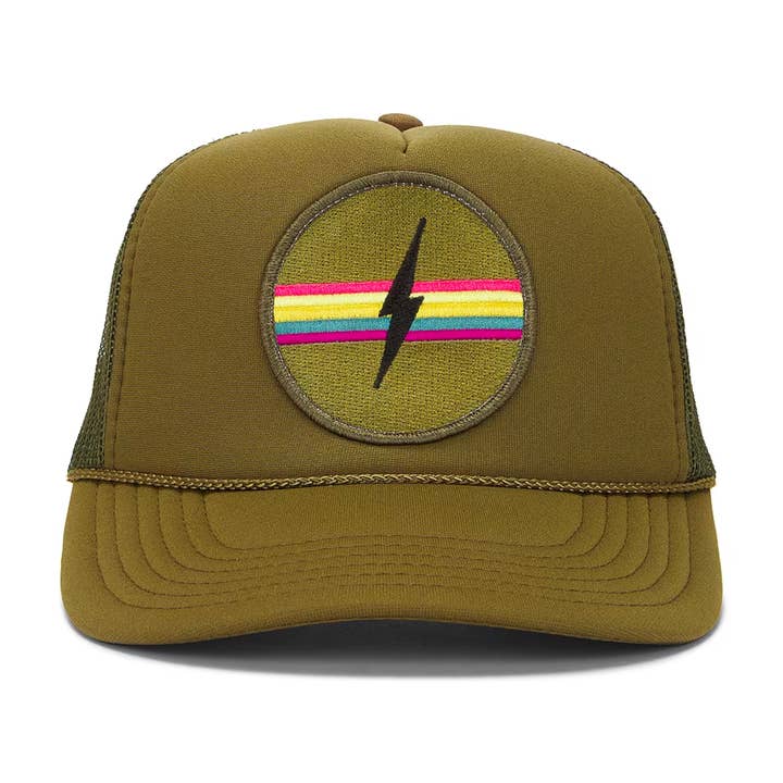 Electric Rainbow Trucker Hat in Olive for wholesale on Faire