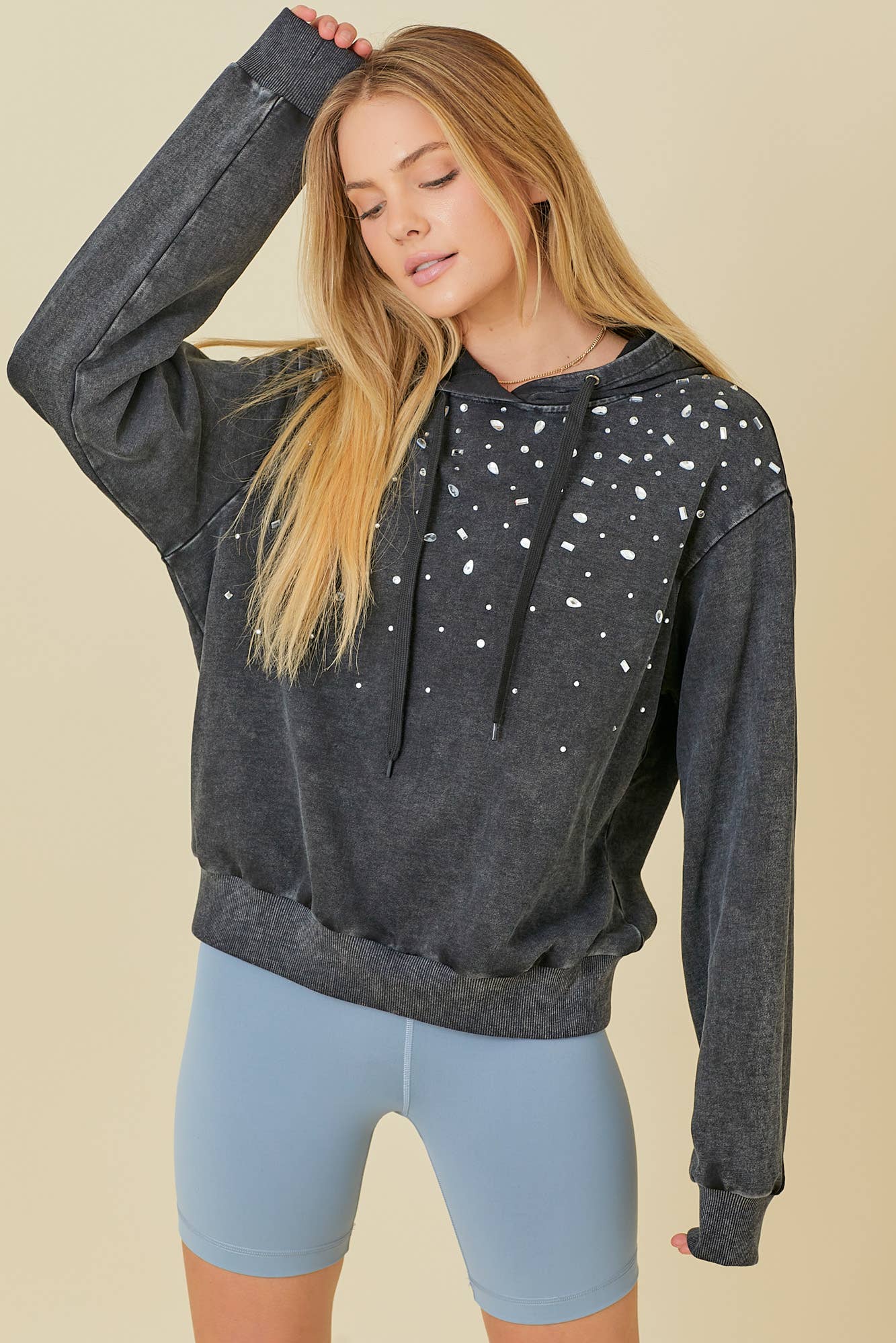 BLACK Washed Hoodie With All Over Rhinestone Detail for wholesale on Faire7