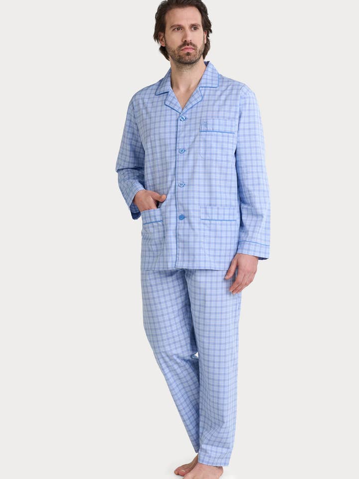 Men's Long Pajamas Lapel Poplin Stripes - Blue 1545 for wholesale on Faire1