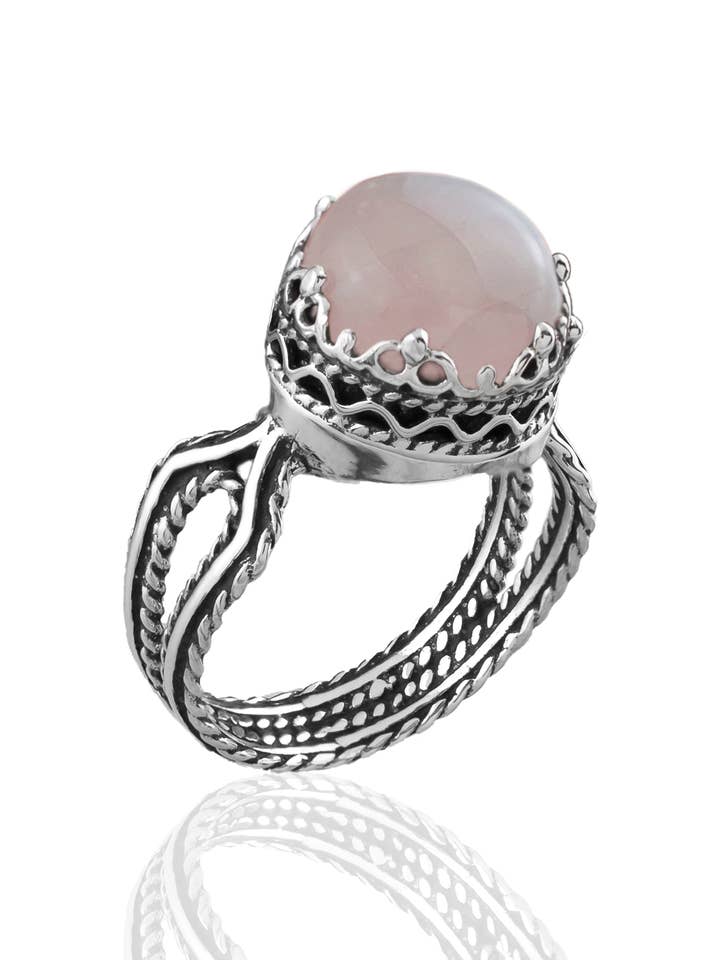 Anel de Prata Feminino com Pedra Preciosa Quartzo Rosa Artístico por atacado de Filigranist Jewelry