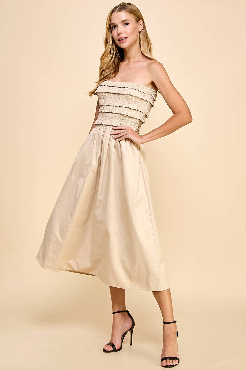 Beige CD04932-Smocked With Ruffles Strapless Dress for wholesale on Faire2