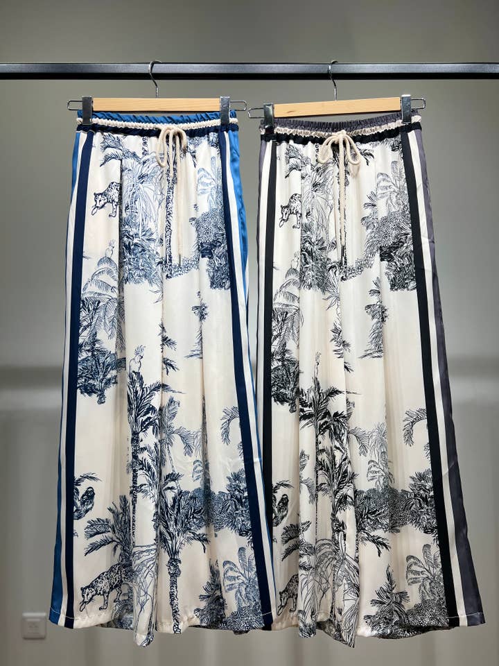L'Emotion - Wholesale Pants - Women's - Elastic Waist Fluid Trousers with Tropical Pattern Drawstring