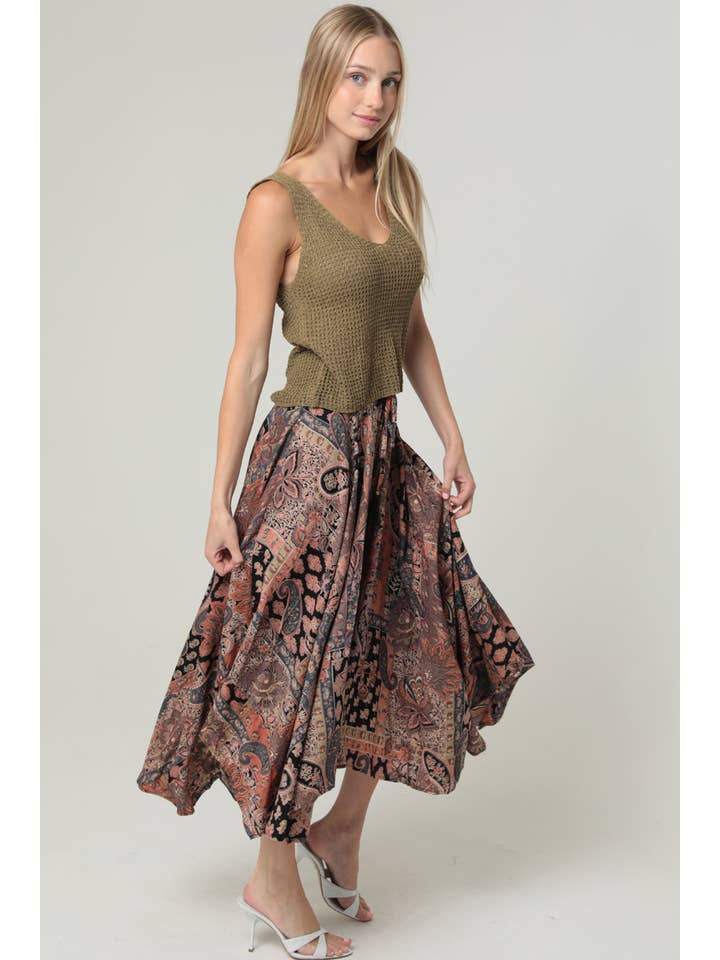 ANGIE - Wholesale Skirt - Women's - B6854-W909 HANKY HEM PRINTED MAXI SKIRT