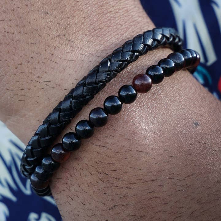 Herrenarmband aus schwarzem Leder und schwarzem Onyx für den Großhandel von Maral Kunst