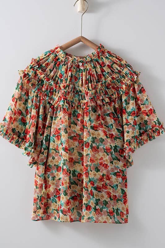 CORAL GREEN Aurora of Ruffle Short Sleeve Blouse for wholesale on Faire7