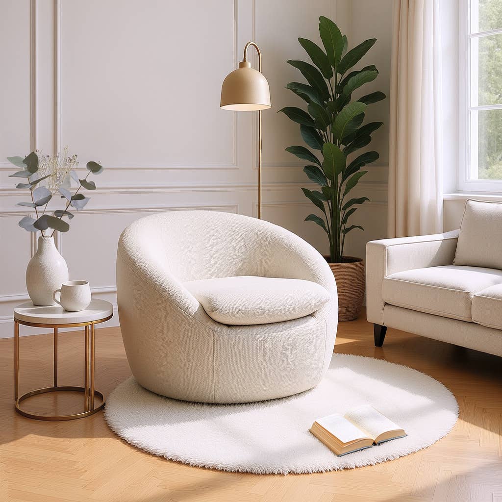 HOMYCASA DESIGN INC - Vente Chaises - Fauteuil tonneau pivotant à 360° en tissu bouclé Winnie Modern Teddy7