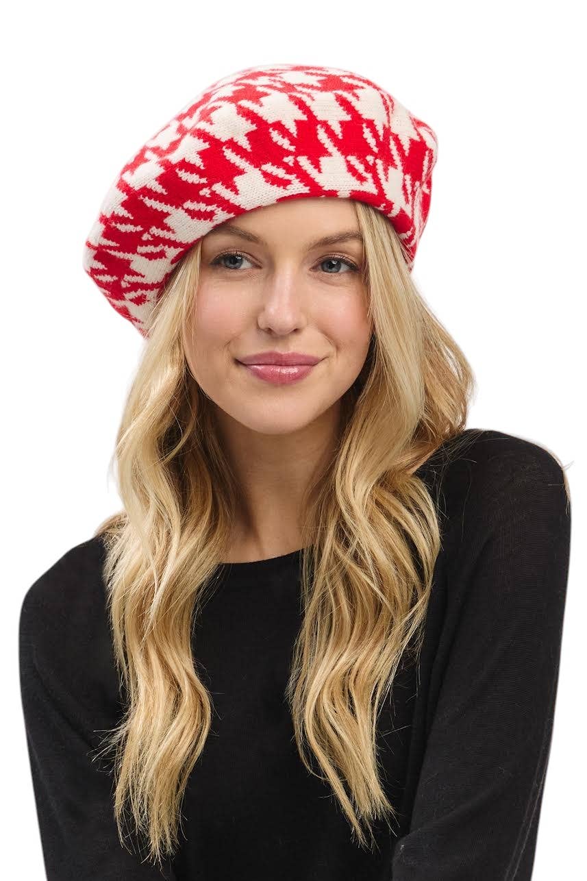 Artini Accessories - Wholesale Beret - Women's - Houndstooth Pattern Soft Knit Beret Hat0