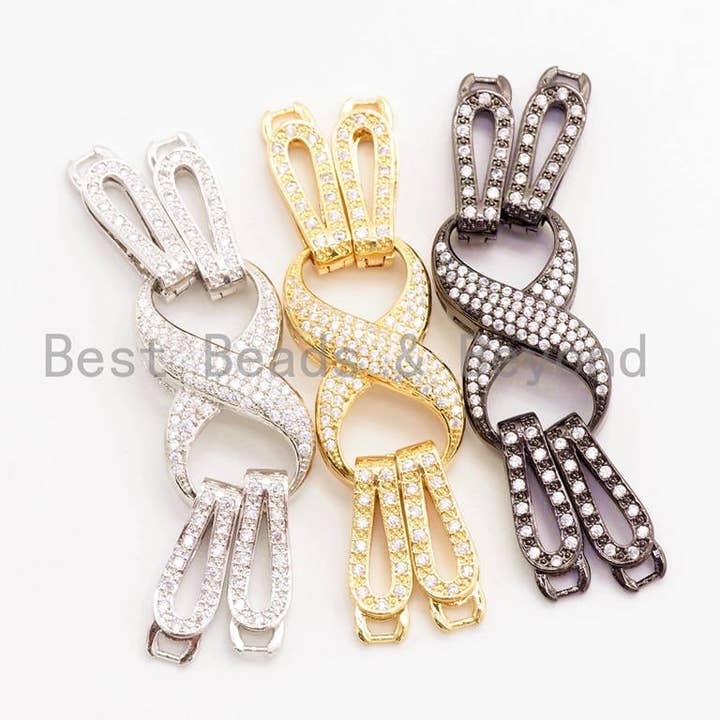 CZ Micro Pave Infinity Snap Two Strands Buckle Clasp, Cubic Zirconia Clasp/Link Connector/Fastener, 72x19mm, sku#H18 for wholesale by BestBeads&Beyond