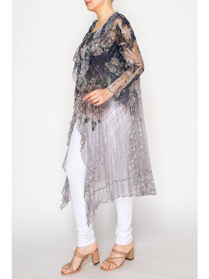 AÑADIR MOSCA MARINA Cárdigan largo ligero con encaje floral y volantes con destellos - 4849GY DD NAVY F de venta al por mayor en Faire1