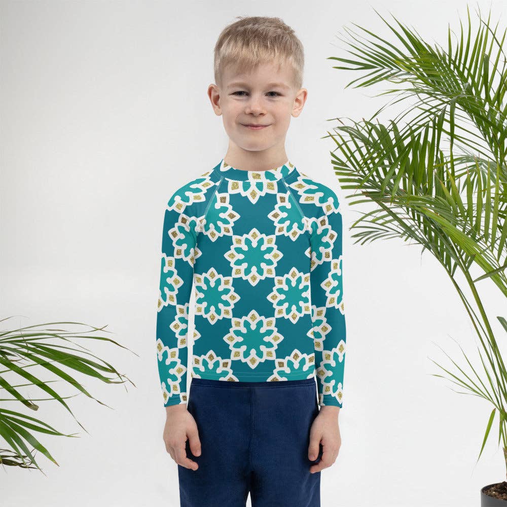 The Shamal – wholesale Rashguard - Barn – Kids Rash Guard 2T till 7 år - Arabesque Blommor i Aqua och Guld7