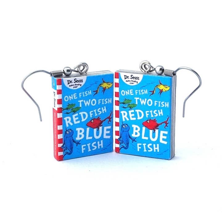 One Fish Two Fish Red Fish Blue Fish book earrings for wholesale by Cheeky Little Monkeys Jewellery