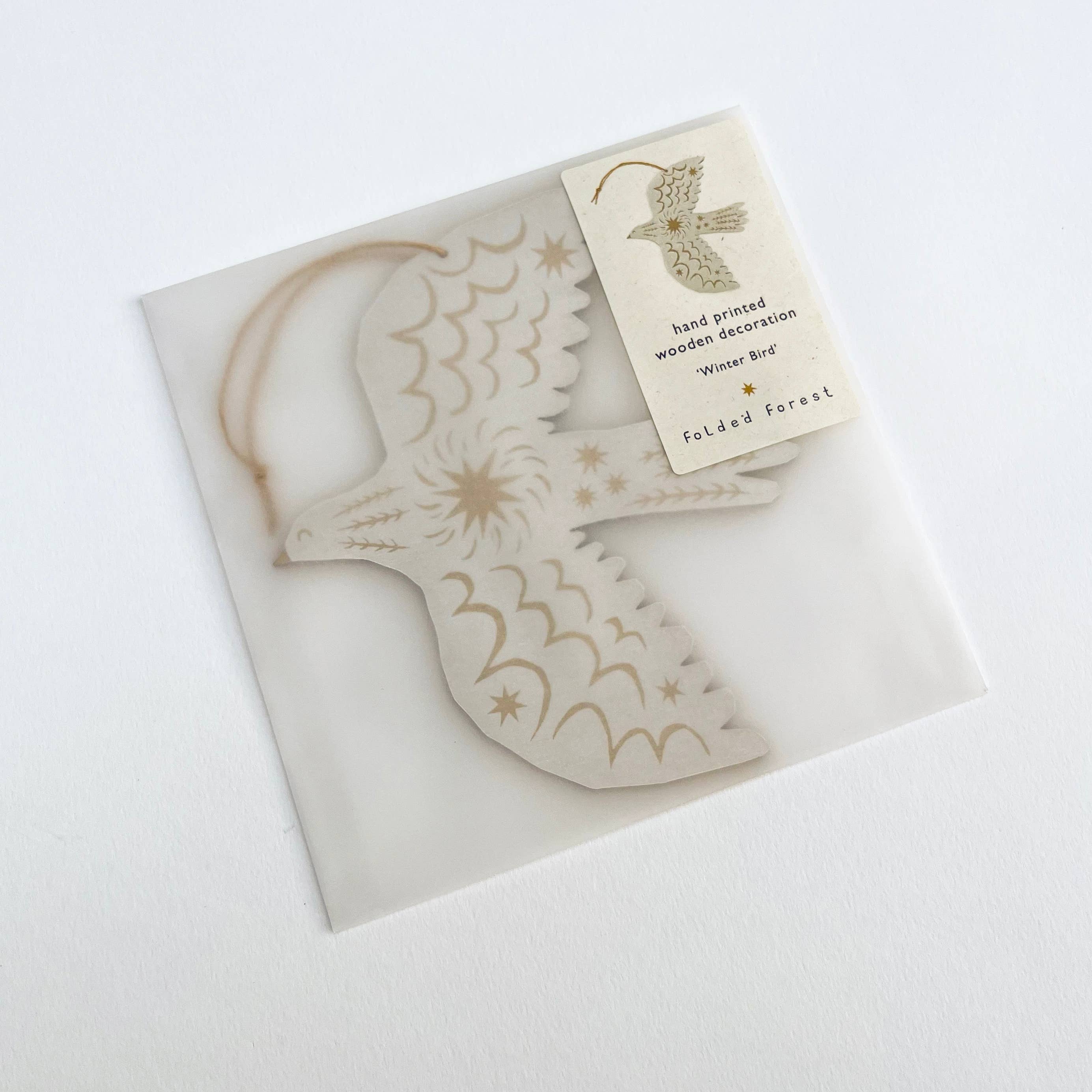 Folded Forest - Wholesale Ornament - Screenprinted Wooden Decoration - Winter Bird - White3