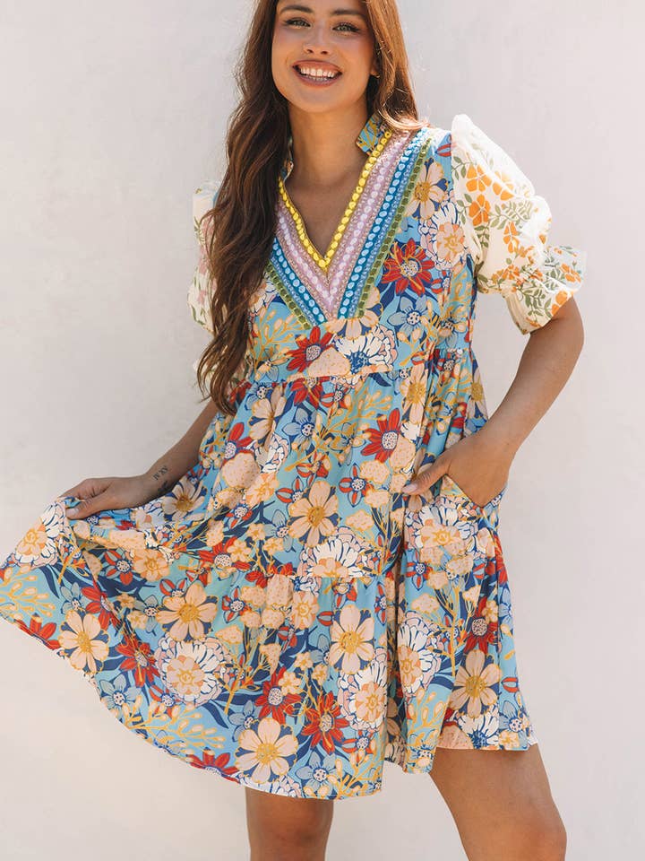 Livia Boho Floral Crochet V Neck Dress for wholesale by Threaded Pear