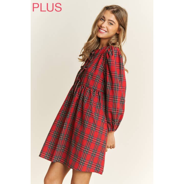 Sweet Generis - Wholesale Dress - Women's - PLUS SOFT PLAID WOVEN FABRIC BABYDOLL BOW MINI DRESS1
