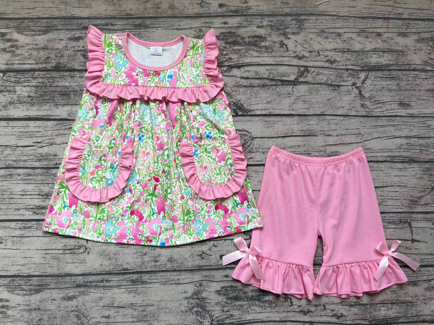Aier Wholesale - Wholesale Top & Short Set - Kids - Baby Girls Pink Green Flowers Clothes Sets1