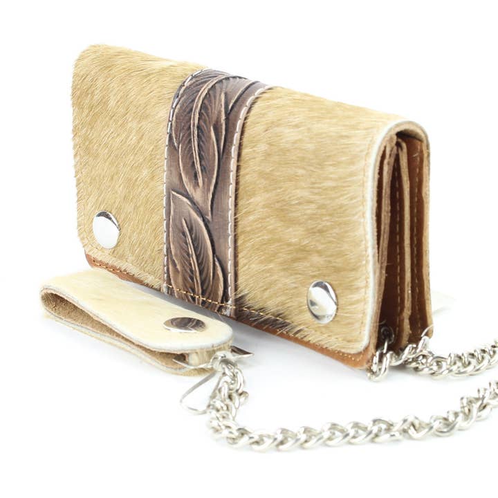 Brown hair on hide tooled leather chain wallet #CW6H0H-BRN for wholesale by Leather Impressions Inc