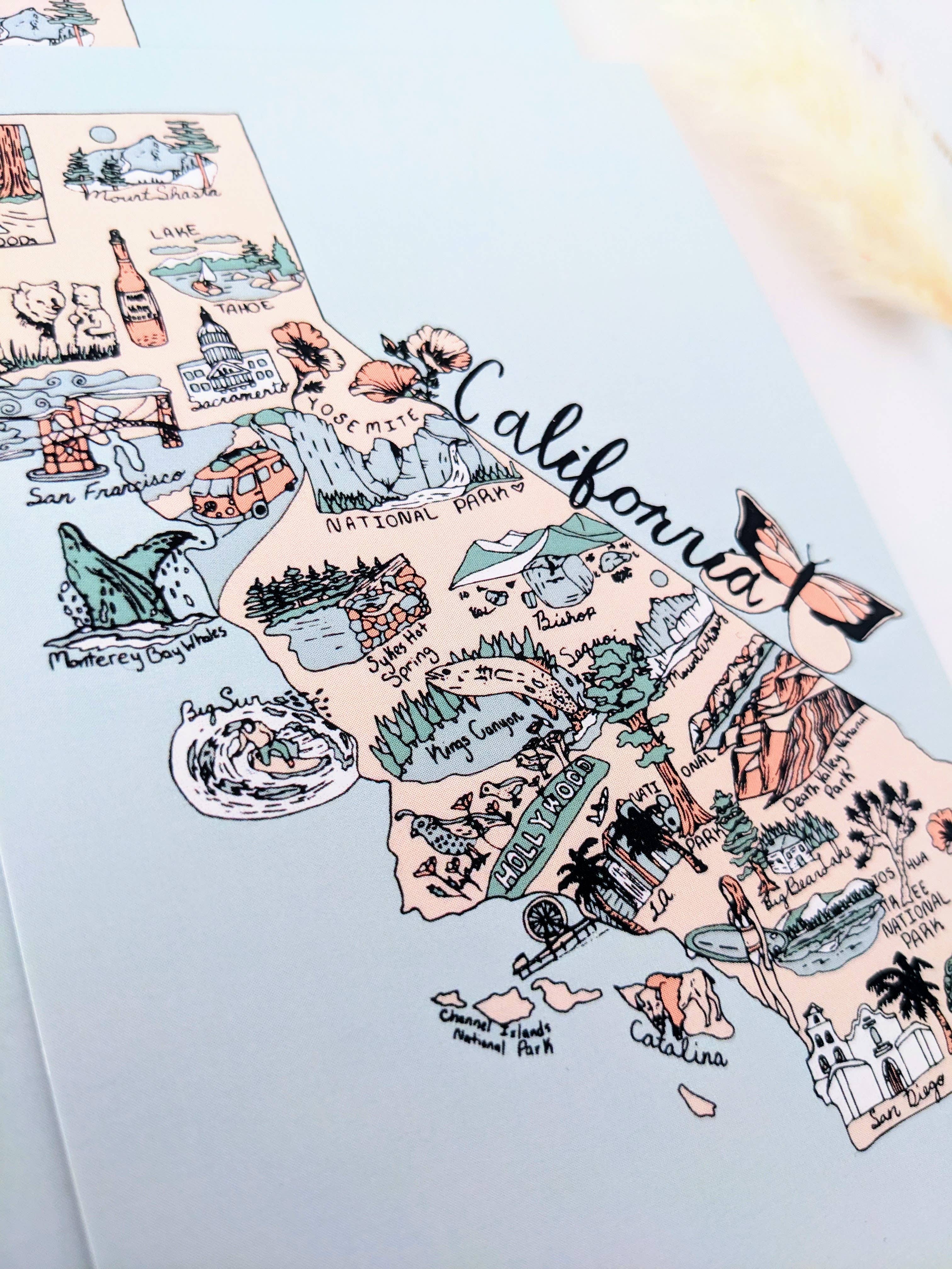 Mary Felker Art and Design - Wholesale Postcard - California postcard, California Souviner, California map art2