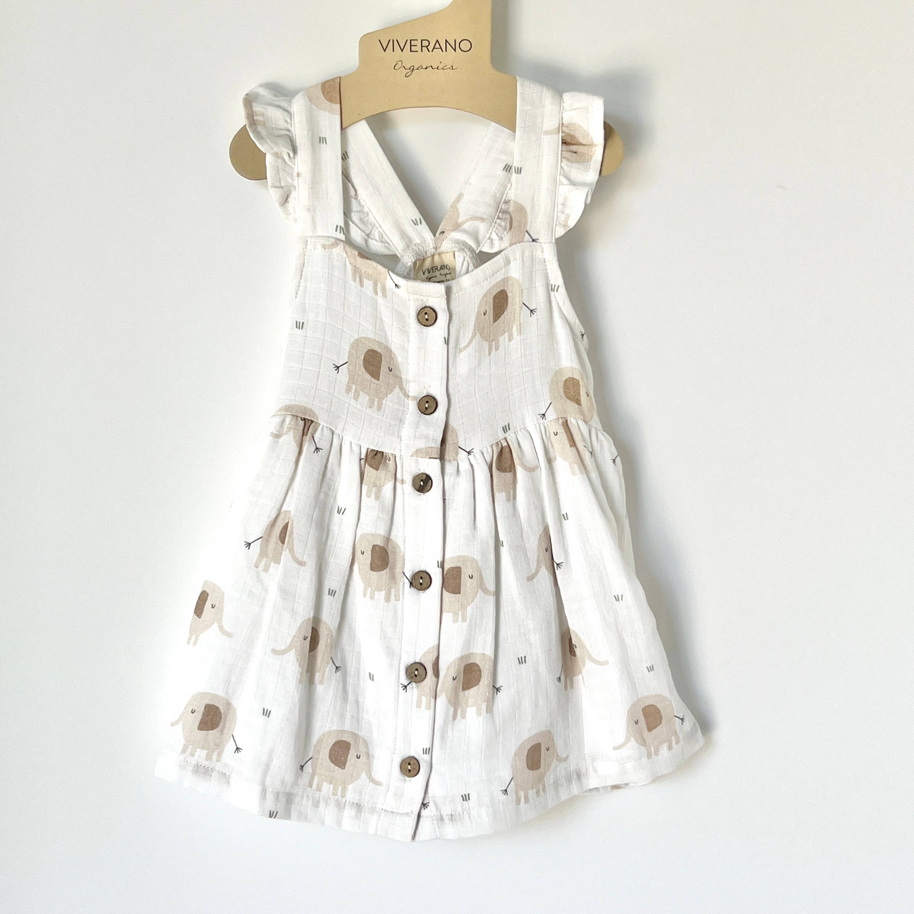 Natural Elephant Ruffle & Button Baby Dress+Bloomer (Organic Muslin) for wholesale on Faire1