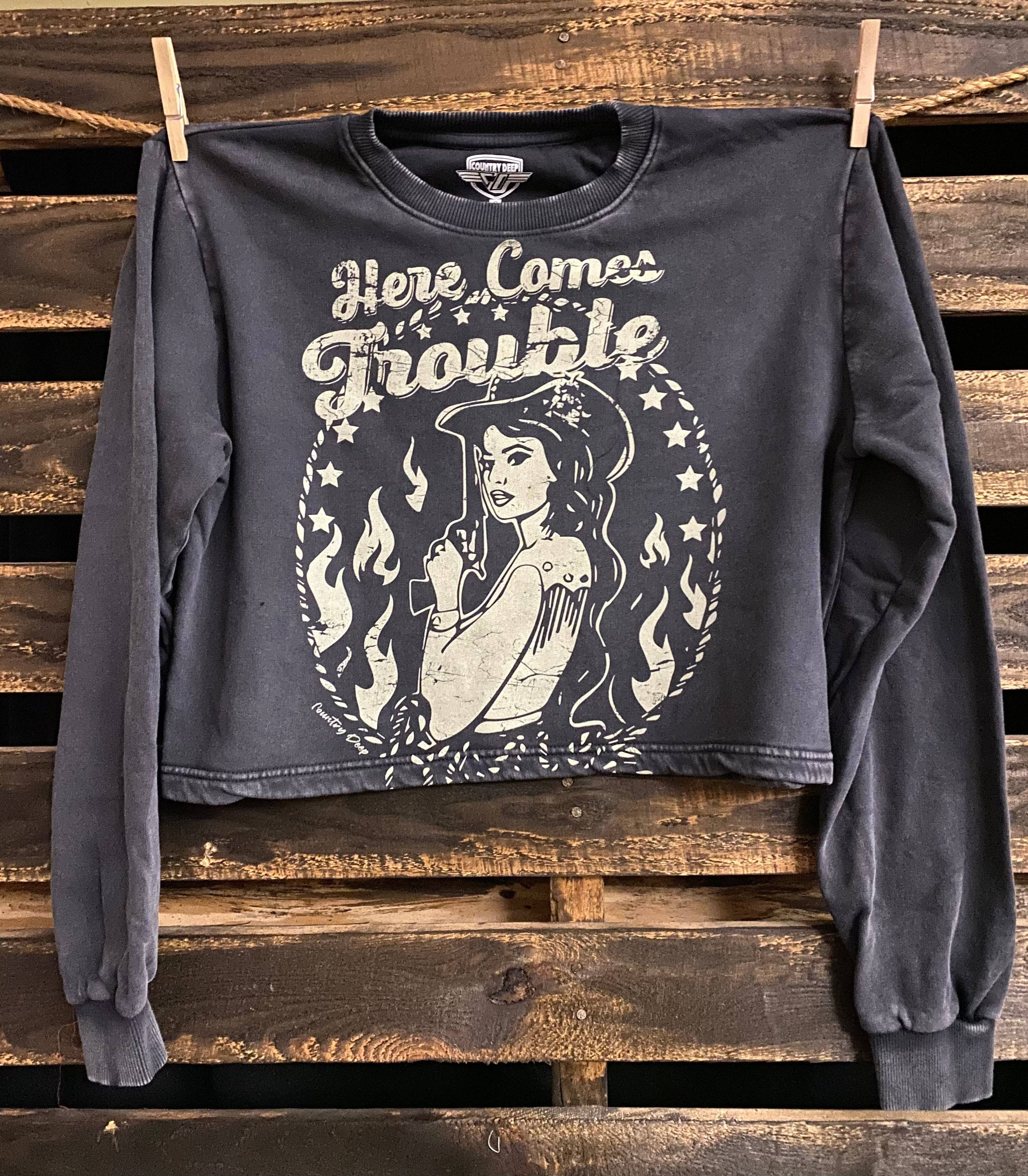 Country Deep Apparel - Wholesale Graphic Sweatshirt - Women's - Here Comes Trouble Cropped Crew sweatshirt