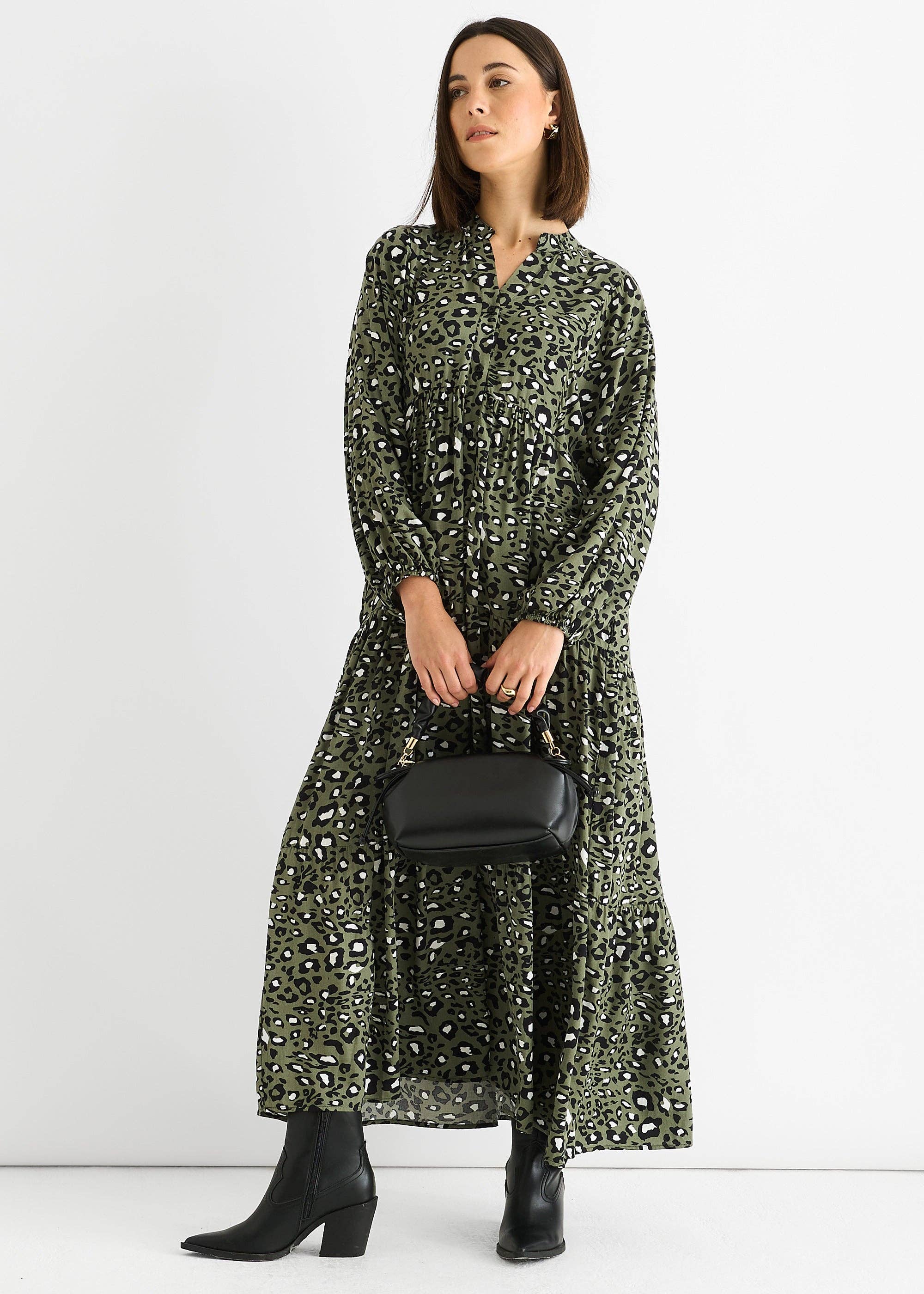 GINI LONDON - Vente Robe – femme - Robe maxi smock surdimensionnée en viscose kaki à motif animal0