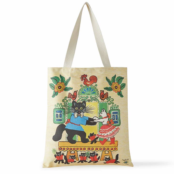 Colourful Tote Bag Dancing Cats, same print on both sides for wholesale by Kapelki Art