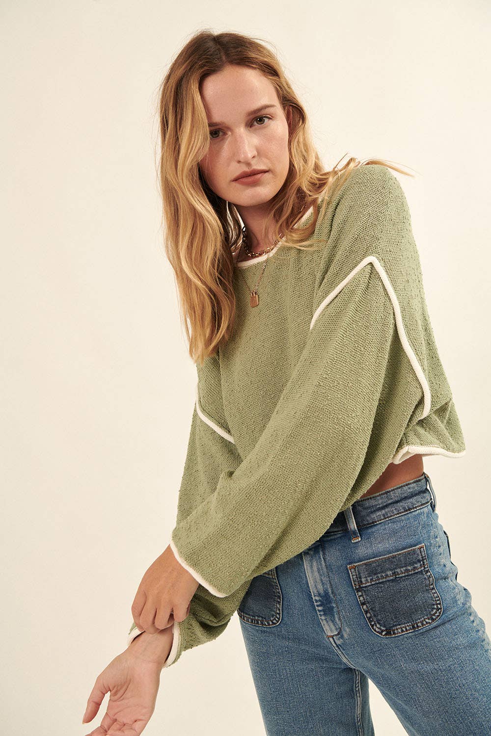 Promesa USA - Wholesale Knit Sweater - Women's - Loose Knit Boat Neck Exposed Seam Crop Sweater22