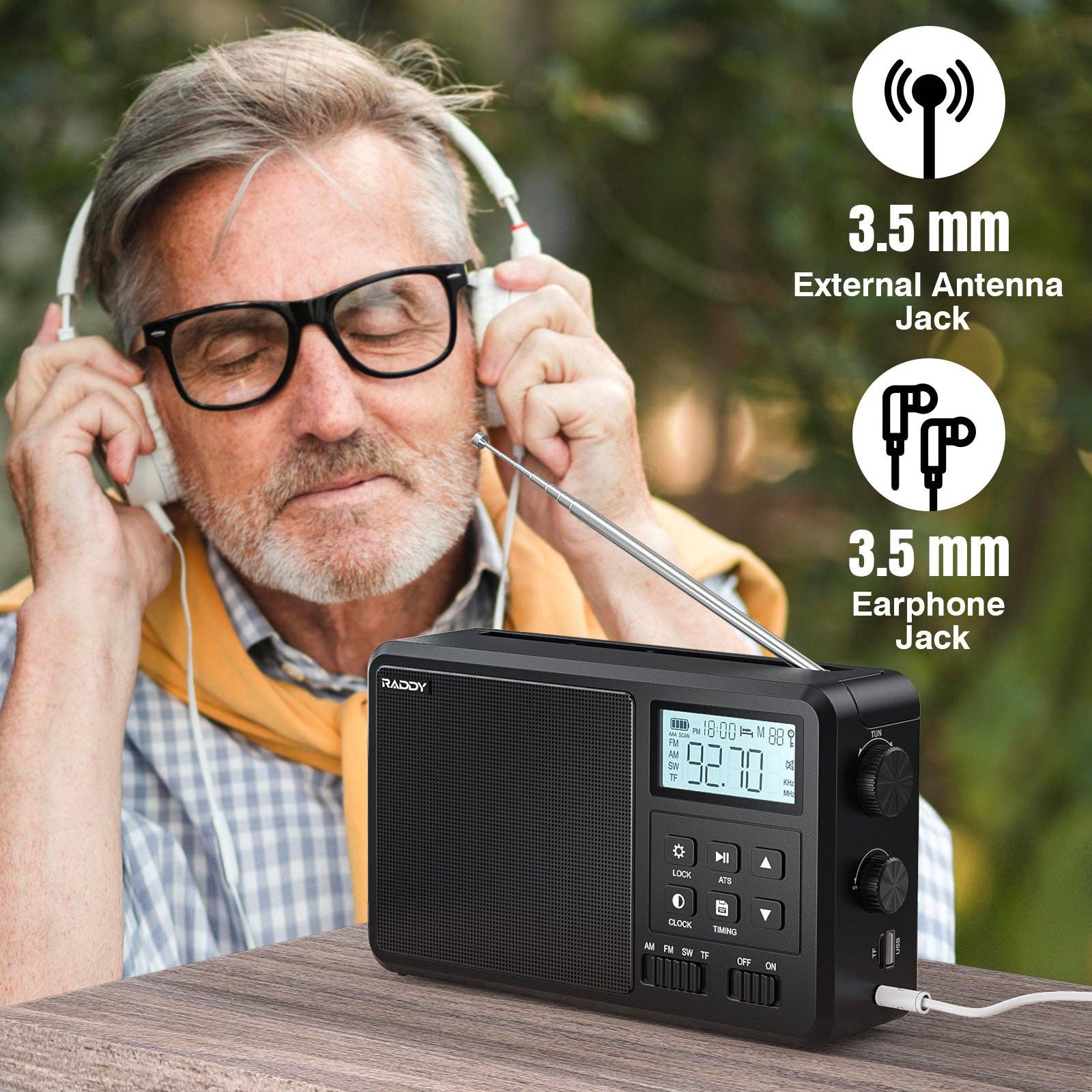 Radioddity - Wholesale Speakers - Raddy RF206 Shortwave Radio | FM/AM/SW | 8W Speaker | LCD Display | Bluetooth 5.0 | TF Card/USB Play8