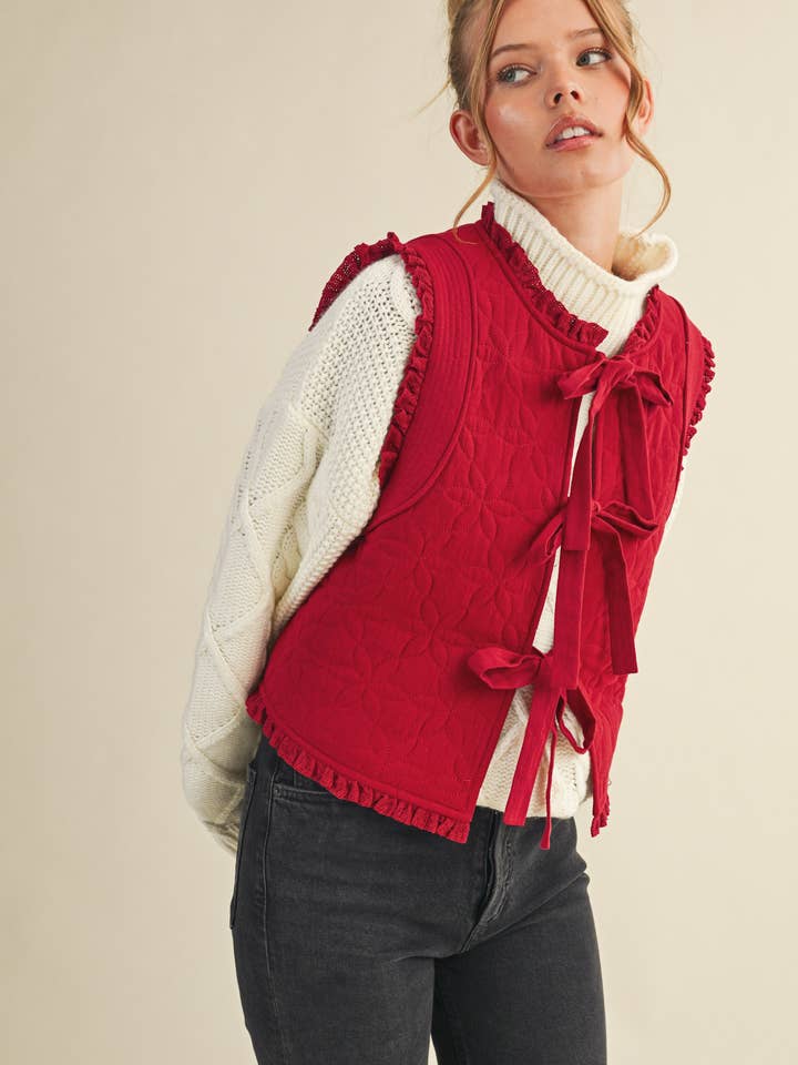 &MERCI - Wholesale Outerwear Vest - Women's - FLORAL QUILTED LACE TRIM BOW TYING VEST MJK411321