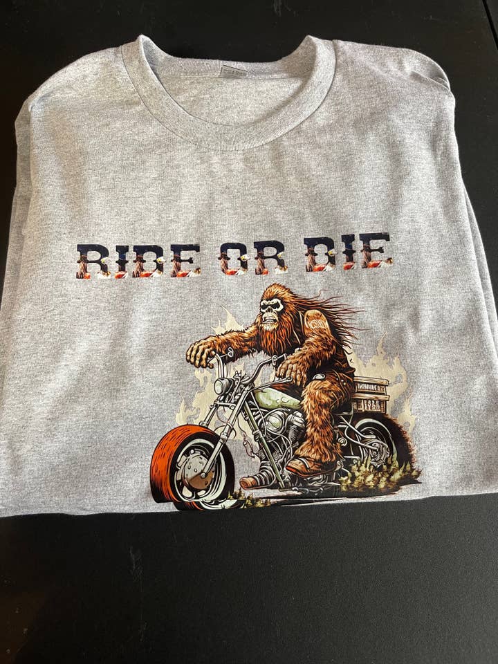 Ride or Die on grey t-shirt - Biker Squatch Collection for wholesale by Squatchin’ Country