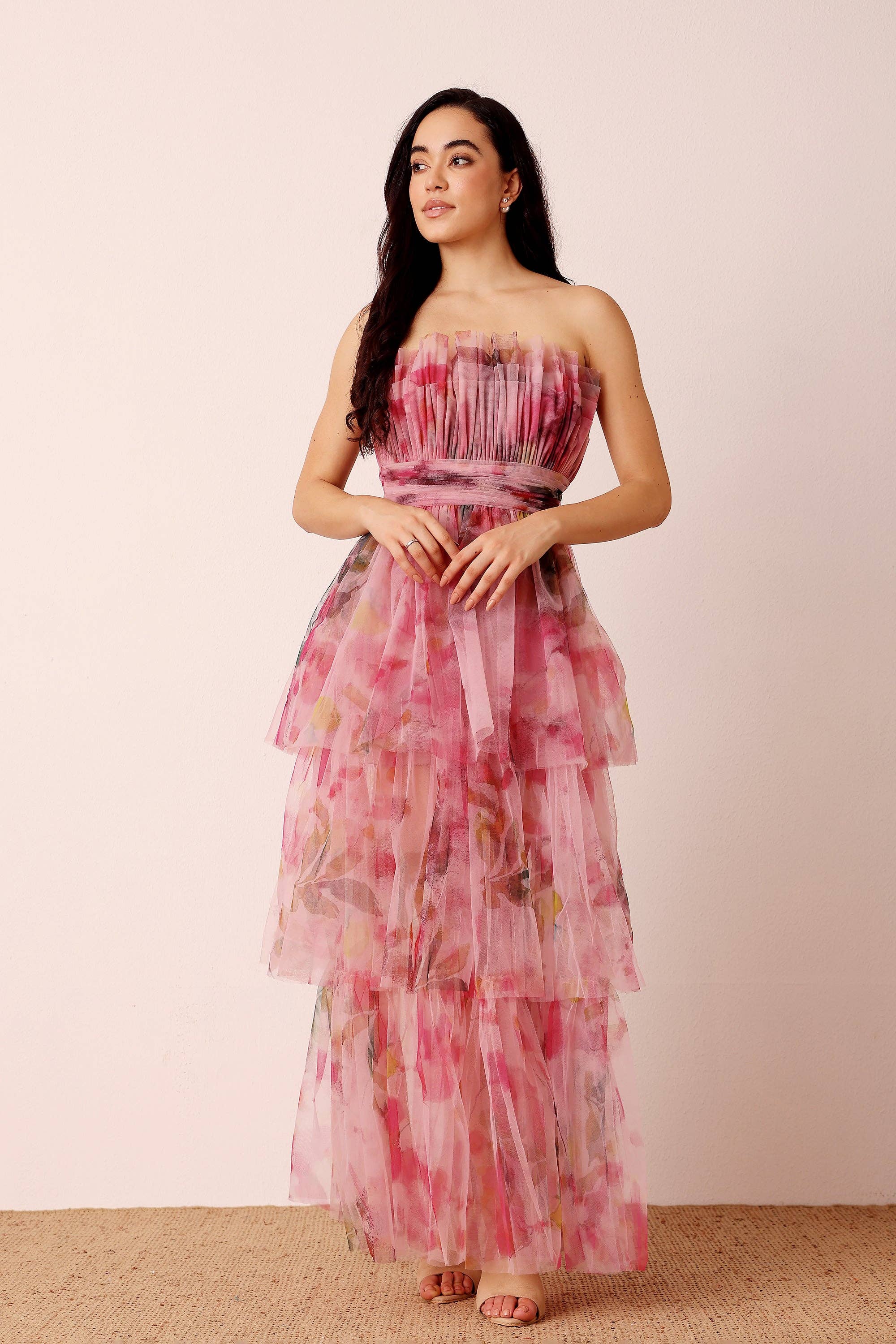 Natalia Tulle Maxi Dress in Vivid Pink Purple Floral for wholesale on Faire0