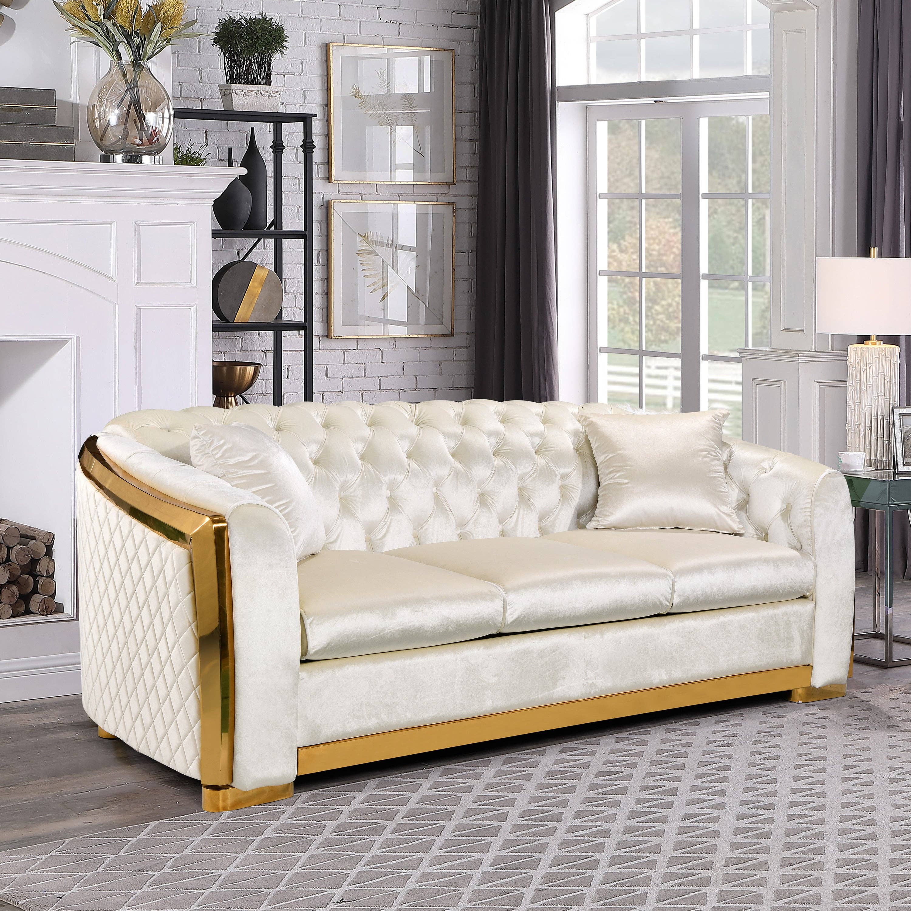 39F Inc. - Wholesale Sofa - 84" Luxury Chesterfield 3-Seat Velvet Sofa with Gold Accents0