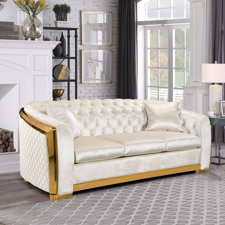 39F Inc. - Wholesale Sofa - 84" Luxury Chesterfield 3-Seat Velvet Sofa with Gold Accents