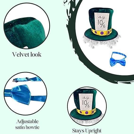 4E's Novelty - Wholesale Hat Accessory - Men's - Velvet Top Hat, Wig & Bowtie Set for Mad Hatter Costume